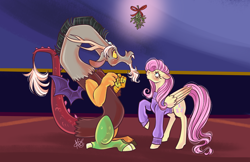 Size: 5100x3300 | Tagged: safe, artist:ashley-the-muffin, derpibooru import, discord, fluttershy, draconequus, pegasus, pony, g4, blushing, clothes, discoshy, duo, female, looking up, male, mare, mistletoe, shipping, signature, straight, sweater