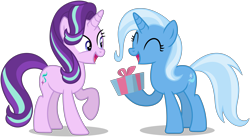 Size: 7229x3954 | Tagged: safe, artist:creedyboy124, derpibooru import, starlight glimmer, trixie, pony, unicorn, g4, ^^, base used, eyes closed, female, gift giving, happy, heartwarming, horn, lesbian, mare, present, shipping, simple background, startrix, transparent background, vector