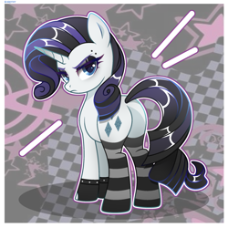 Size: 2048x2048 | Tagged: safe, artist:scarffist, derpibooru exclusive, derpibooru import, rarity, pony, unicorn, g4, abstract background, alternate hairstyle, base used, blue eyes, butt, clothes, cute, emo, eyebrow piercing, eyelashes, eyeshadow, female, gloves, goth, horn, long hair, long mane, long tail, looking at you, looking back, looking back at you, makeup, mare, piercing, plot, rearity, serious, serious face, socks, solo, stockings, striped socks, tail, thigh highs, unamused