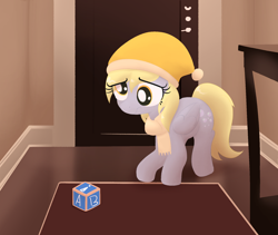 Size: 1900x1600 | Tagged: safe, artist:algoatall, derpibooru import, derpy hooves, pegasus, pony, g4, blocks, clothes, concerned, door, female, hat, indoors, looking at something, mare, my little pony the movie: hearth's warming in manehattan, scarf, scene interpretation, solo, toy, winter hat