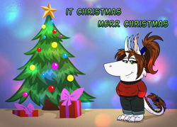 Size: 1600x1143 | Tagged: safe, artist:sunny way, derpibooru import, oc, oc:shasehra gaelehrion, anthro, original species, art, artwork, chill, chill girl, chill guy, christmas, christmas tree, cute, digital art, equis universe, female, fluffy, fur, holiday, ki'rinaes, lol, meme, merry christmas, paws, present, smiling, solo, tree