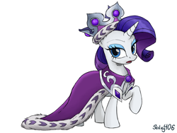 Size: 1600x1200 | Tagged: safe, artist:solixy406, derpibooru import, princess platinum, rarity, pony, unicorn, g4, cape, clothes, crown, female, horn, jewelry, mare, raised hoof, raised leg, regalia, signature, simple background, solo, white background