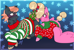 Size: 1488x1004 | Tagged: safe, artist:greenarsonist, derpibooru import, oc, oc only, oc:chuckle, oc:gold rush, earth pony, pegasus, pony, blushing, christmas, christmas sweater, clothes, earth pony oc, female, hearth's warming, holiday, lesbian, mistletoe, pegasus oc, ponytail, sweater, tattoo, trans female, transgender, transgender oc, unshorn fetlocks, wings