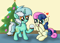 Size: 3683x2666 | Tagged: safe, artist:background basset, derpibooru import, bon bon, lyra heartstrings, sweetie drops, earth pony, pony, unicorn, g4, christmas, christmas tree, duo, female, heart, holiday, horn, lesbian, lyrabon, open mouth, shipping, sitting, smiling, snow globe, tree