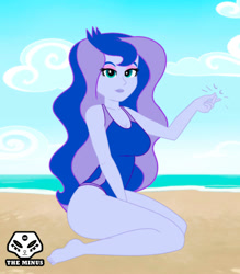 Size: 875x1000 | Tagged: safe, artist:theminus, derpibooru import, princess luna, vice principal luna, human, equestria girls, g4, barefoot, beach, breasts, clothes, cloud, feet, female, kneeling, lipstick, looking at you, male, one-piece swimsuit, outdoors, principal and student, sand, sitting, sky, smiling, smiling at you, snapping, solo, straight, swimsuit, watermark