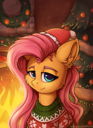 Size: 1000x1363 | Tagged: safe, artist:zeepheru, derpibooru import, fluttershy, pegasus, pony, g4, christmas, christmas lights, christmas sweater, christmas tree, clothes, female, fire, fireplace, hat, holiday, santa hat, smiling, solo, sweater, tree