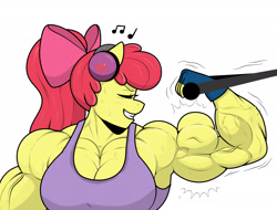 Size: 2202x1673 | Tagged: safe, artist:matchstickman, derpibooru import, apple bloom, anthro, apple brawn, bicep, clothes, eyes closed, grin, headphones, muscles, music notes, simple background, smiling, solo, sports bra, sweat, white background, workout