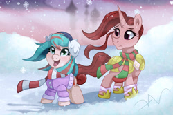 Size: 2400x1600 | Tagged: safe, artist:swasfews, derpibooru import, oc, oc only, earth pony, unicorn, canterlot castle, clothes, duo, earmuffs, earth pony oc, guard armor, horn, jacket, looking up, scarf, snow, unicorn oc