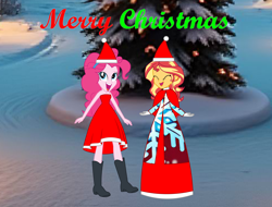 Size: 5470x4160 | Tagged: safe, artist:cartoonmasterv3, derpibooru import, pinkie pie, sunset shimmer, human, equestria girls, g4, boots, caroling, christmas, christmas 2024, clothes, costume, dress, gown, hat, holiday, long dress, long skirt, santa claus, santa costume, santa hat, shoes, skirt, victorian, victorian dress