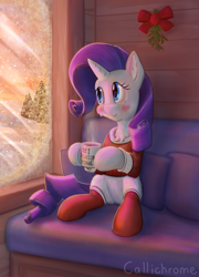 Size: 2160x3000 | Tagged: safe, artist:callichrome, derpibooru import, rarity, pony, unicorn, g4, blushing, chocolate, christmas, clothes, cozy, cute, food, hearth's warming, holiday, horn, hot chocolate, indoors, looking away, mistletoe, raribetes, signature, snow, stockings, sunset, thigh highs, window