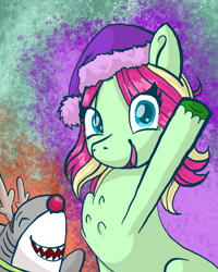 Size: 1600x2000 | Tagged: safe, artist:lindasaurie, derpibooru import, oc, oc only, oc:strawi dinosaur, earth pony, pony, shark, abstract background, animal costume, chest fluff, christmas, costume, duo, earth pony oc, eye clipping through hair, eyes closed, happy, hat, holiday, looking at you, open mouth, ponysona, reindeer costume, santa hat, unshorn fetlocks