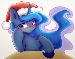 Size: 1189x935 | Tagged: safe, artist:chaosangeldesu, derpibooru import, princess luna, alicorn, pony, g4, blushing, blushing profusely, christmas, crown, cute, hat, holiday, jewelry, looking at you, regalia, santa hat, solo