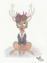 Size: 837x1116 | Tagged: safe, artist:opti, derpibooru import, oc, oc only, oc:fair use, deer, deer pony, hybrid, original species, antlers, christmas, headband, hearth's warming, holiday, reindeer antlers, sitting, solo, traditional art, unamused