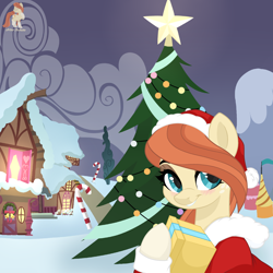 Size: 2500x2500 | Tagged: safe, artist:r4hucksake, derpibooru import, oc, oc:frazzle, earth pony, pony, base used, blushing, christmas, christmas tree, clothes, cute, eyeshadow, hat, holiday, makeup, ocbetes, outfit, santa hat, socks, solo, tree