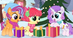 Size: 2048x1085 | Tagged: safe, artist:lovinglypromise, derpibooru import, apple bloom, scootaloo, sweetie belle, earth pony, pegasus, pony, unicorn, g4, adorabloom, alternate design, christmas, christmas tree, cute, cutealoo, cutie mark crusaders, diasweetes, female, filly, foal, heartwarming, holiday, horn, present, tree