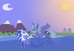 Size: 2048x1420 | Tagged: safe, artist:silverfishv9, derpibooru import, princess luna, oc, oc:azure star (silverfishv9), alicorn, pony, siren, unicorn, g4, blue eyes, blue fur, blue mane, blush lines, blushing, castle, cutie mark, dream, female, gem, green eyes, highlights, horn, implied incest, implied shipping, magical lesbian spawn, mare, moon, mother and child, mother and daughter, mountain, mountain range, offspring, parent and child, parent:princess celestia, parent:princess luna, parents:princest, product of incest, s1 luna, siren gem, siren oc, sirenified, species swap, sun, unicorn oc, water