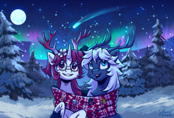 Size: 3240x2208 | Tagged: safe, artist:teaflower300, derpibooru import, oc, oc only, alicorn, pony, alicorn oc, antlers, aurora borealis, duo, horn, night, outdoors, snow, snowfall, wings