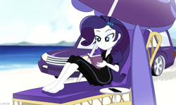 Size: 4296x2556 | Tagged: safe, artist:stephen-fisher, derpibooru import, rarity, human, equestria girls, g4, beach, car, clothes, female, solo, surfboard, swimsuit, umbrella