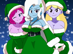 Size: 2144x1599 | Tagged: safe, artist:aokushan, derpibooru import, edit, fuchsia blush, lavender lace, trixie, equestria girls, g4, christmas, holiday, trixie and the illusions