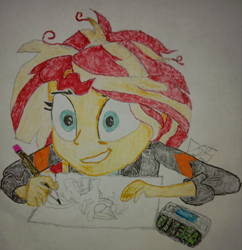 Size: 964x995 | Tagged: safe, artist:the spectres, derpibooru exclusive, derpibooru import, sunset shimmer, human, equestria girls, g4, alarm clock, anxiety, clock, clothes, female, jacket, marker drawing, messy hair, nervous, nervous smile, pencil, picture-in-picture, sketch, smiling, solo, traditional art