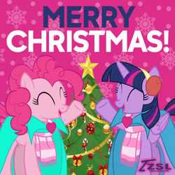 Size: 2160x2160 | Tagged: safe, artist:zslnews, derpibooru import, pinkie pie, twilight sparkle, twilight sparkle (alicorn), alicorn, earth pony, g4, christmas, christmas tree, clothes, cute, diapinkes, earmuffs, eyes closed, female, heartwarming, holiday, merry christmas, scarf, tree, twiabetes