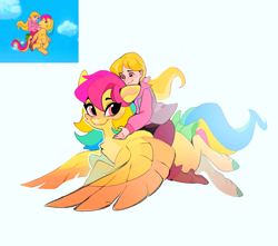 Size: 1065x943 | Tagged: safe, artist:rr29578979, derpibooru import, megan williams, human, pegasus, g1, duo, female, humans riding ponies, mare, riding, riding a pony, screencap reference, simple background, white background