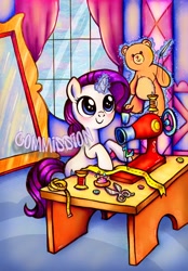 Size: 1420x2044 | Tagged: safe, artist:dariarchangel, derpibooru import, rarity, pony, unicorn, g4, adorable face, bipedal, blue eyes, blue sky, blushing, button, c:, carousel boutique, cloud, commission, curtains, cute, cute face, cute smile, daaaaaaaaaaaw, detailed background, female, filly, filly rarity, foal, glowing, glowing horn, hnnng, horn, indoors, levitation, looking up, magic, magic aura, measuring tape, mirror, obtrusive watermark, pins, plushie, purple hair, purple mane, purple tail, raribetes, rarity being rarity, ribbon, scissors, seamstress, sewing, sewing machine, sewing needle, sky, small horn, smiling, smol, solo, sweet dreams fuel, table, tail, teddy bear, telekinesis, traditional art, watermark, weapons-grade cute, white coat, window, younger