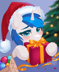 Size: 2360x2856 | Tagged: safe, artist:candybun, oc, oc:feathertrap, pony, unicorn, blushing, christmas, christmas 2024, christmas tree, fake eyelashes, femboy, happy, hat, male, present, ribbon, santa hat, sissy, smile, solo, solo male, stallion