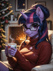 Size: 1320x1760 | Tagged: safe, ai content, machine learning generated, twilight sparkle, anthro, unicorn, christmas, christmas decoration, christmas sweater, christmas tree, clothes, cute, female, heartwarming, prompter:wolferin, sweater, twiabetes