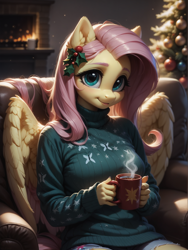 Size: 1320x1760 | Tagged: safe, ai content, machine learning generated, fluttershy, anthro, pegasus, christmas, christmas decoration, christmas sweater, christmas tree, clothes, cute, female, heartwarming, hootershy, prompter:wolferin, shyabetes, sweater