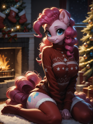 Size: 1320x1760 | Tagged: safe, ai content, machine learning generated, pinkie pie, anthro, earth pony, big breasts, breasts, christmas, christmas decoration, christmas sweater, christmas tree, clothes, female, fiapinkes, heartwarming, pinkie pies, prompter:wolferin, sweater