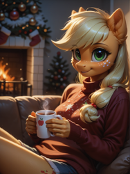 Size: 1320x1760 | Tagged: safe, ai content, machine learning generated, applejack, anthro, earth pony, christmas, christmas decoration, christmas sweater, christmas tree, clothes, cute, female, heartwarming, jackabetes, prompter:wolferin, sweater