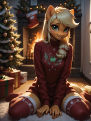 Size: 1320x1760 | Tagged: safe, ai content, machine learning generated, applejack, anthro, earth pony, christmas, christmas decoration, christmas sweater, christmas tree, clothes, female, prompter:wolferin, sweater