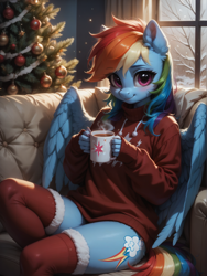 Size: 1320x1760 | Tagged: safe, ai content, machine learning generated, rainbow dash, anthro, pegasus, christmas, christmas decoration, christmas sweater, christmas tree, clothes, cute, dashabetes, female, heartwarming, prompter:wolferin, rainbow dash is best pony, sweater