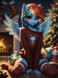 Size: 1320x1760 | Tagged: safe, ai content, machine learning generated, rainbow dash, anthro, pegasus, christmas, christmas decoration, christmas sweater, christmas tree, clothes, female, prompter:wolferin, sweater