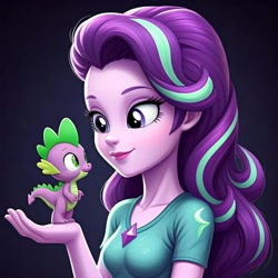 Size: 1024x1024 | Tagged: safe, ai content, machine learning generated, spike, starlight glimmer, dragon, human, equestria girls, breasts, clothes, cute, diamond, holding, lipstick, looking at each other, ship:sparlight, smiling, smiling at each other