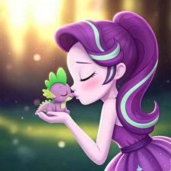 Size: 1024x1024 | Tagged: safe, ai content, machine learning generated, spike, starlight glimmer, dragon, human, equestria girls, blushing, breasts, clothes, cute, diamond, eyes closed, holding, kissing, lipstick, ship:sparlight