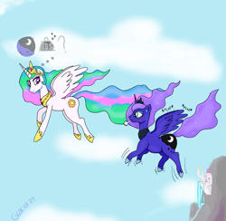 Size: 2701x2637 | Tagged: safe, artist:glacialfeather, derpibooru import, princess celestia, princess luna, alicorn, pony, g4, blushing, canterlot, cloud, crown, duo, duo female, ethereal mane, ethereal tail, fat, female, flying, hoof shoes, jewelry, mare, princess moonpig, regalia, royal sisters, siblings, sisters, starry mane, starry tail, story, story in the comments, story included, tail, the ass was fat