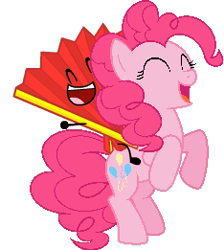 Size: 234x261 | Tagged: artist needed, safe, derpibooru import, pinkie pie, earth pony, pony, g4, ^^, bipedal, crossover, cute, diapinkes, duo, duo male and female, eyes closed, fan (inanimate insanity), female, inanimate insanity, male, mare, open mouth, open smile, pink body, pink coat, pink fur, pink hair, pink mane, pink pony, pink tail, poofy hair, poofy mane, poofy tail, riding, riding a pony, simple background, smiling, tail, transparent background, vector