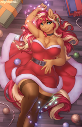 Size: 1250x1932 | Tagged: safe, artist:nightskrill, derpibooru import, sunset shimmer, anthro, unguligrade anthro, unicorn, g4, breasts, chest fluff, choker, christmas, christmas lights, cleavage, clothes, dress, female, hand on belly, hearth's warming, hearth's warming eve, holiday, holly, horn, looking at you, lying down, on back, smiling, smiling at you, socks, solo, sunset jiggler, thigh highs