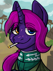 Size: 1040x1400 | Tagged: safe, artist:bunnyshrubby, derpibooru import, oc, oc only, oc:danger close, pony, unicorn, equestria at war mod, binoculars, bust, camouflage, chiropterra, cigarette, clothes, digital art, female, heterochromia, horn, lieutenant colonel, looking at you, mare, military, military uniform, new characters for equestria at war, new characters for equestria at war mod, outdoors, portrait, scar, smiling, smiling at you, smoking, soldier, solo, unicorn oc, uniform