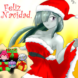 Size: 1200x1200 | Tagged: safe, artist:a.s.e, derpibooru import, limestone pie, marble pie, maud pie, pinkie pie, human, g4, big breasts, breasts, christmas, cleavage, clothes, costume, feliz navidad, female, happy, hat, holiday, humanized, looking at you, marble pies, pie sisters, pony coloring, present, santa costume, santa dress, santa hat, sexy, sexy santa costume, siblings, sisters, smiling, smiling at you, solo focus, spanish