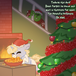 Size: 2000x2000 | Tagged: safe, artist:nootaz, derpibooru import, oc, oc:anon, oc:nootaz, human, pony, unicorn, cheese, christmas, christmas sweater, christmas tree, clothes, duo, duo male and female, eating, eyes closed, female, fireplace, food, holiday, horn, macaroni, macaroni and cheese, male, mare, pasta, sweater, text, tree