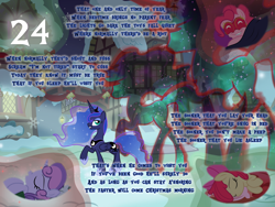 Size: 1440x1080 | Tagged: safe, artist:bronybyexception, derpibooru import, apple bloom, pinkie pie, princess luna, sweetie belle, tantabus, g4, advent calendar, christmas, christmas eve, holiday, poem, sleep mask, sleeping, vector used