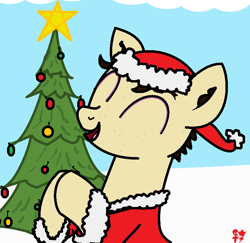 Size: 813x789 | Tagged: safe, artist:atomgatherer, derpibooru exclusive, derpibooru import, oc, oc only, oc:atom gatherer, earth pony, pony, christmas, christmas tree, clothes, costume, hat, holiday, hooves together, merry christmas, santa costume, santa hat, smiling, solo, tree