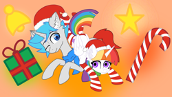 Size: 1200x675 | Tagged: safe, artist:双魂double souls, derpibooru import, oc, oc only, oc:双魂, oc:暮虹幻幻, alicorn, pony, unicorn, alicorn oc, bell, blue eyes, candy, candy cane, christmas, clothes, duo, duo male and female, ear fluff, ears, female, folded wings, food, gradient background, hat, holiday, horn, looking at each other, looking at someone, male, mare, mismatched mane and tail, multicolored hair, one eye closed, orange background, present, purple eyes, rainbow hair, santa hat, scarf, simple background, socks, stallion, stars, striped socks, unicorn oc, wings