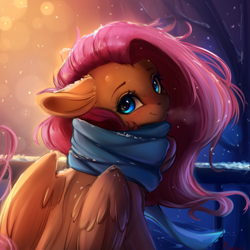 Size: 4000x4000 | Tagged: safe, artist:miokomata, derpibooru import, fluttershy, pegasus, pony, g4, clothes, female, looking at you, looking back, looking back at you, mare, outdoors, scarf, solo, wings