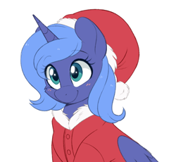 Size: 678x624 | Tagged: safe, artist:higglytownhero, derpibooru import, princess luna, alicorn, pony, g4, blush lines, blushing, bust, christmas, clothes, costume, cute, female, half body, hat, holiday, horn, looking up, lunabetes, mare, s1 luna, santa costume, santa hat, simple background, smiling, solo, white background, wings