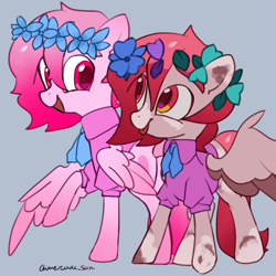 Size: 4096x4096 | Tagged: safe, artist:metaruscarlet, derpibooru import, oc, oc only, oc:metaru scarlet, pegasus, pony, clothes, flower, flower in hair, leaves, leaves in hair, looking at each other, looking at someone, open mouth, pegasus oc, ponysona, raised hoof, raised leg, self paradox, self ponidox, simple background, spotted, tongue, tongue out, wings