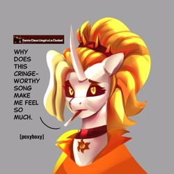 Size: 3600x3600 | Tagged: safe, artist:poxy_boxy, derpibooru import, oc, oc:dyx, alicorn, pony, bust, cigarette, colored sclera, dialogue, female, gray background, looking at you, mare, older, older dyx, simple background, smoking, solo, talking to viewer